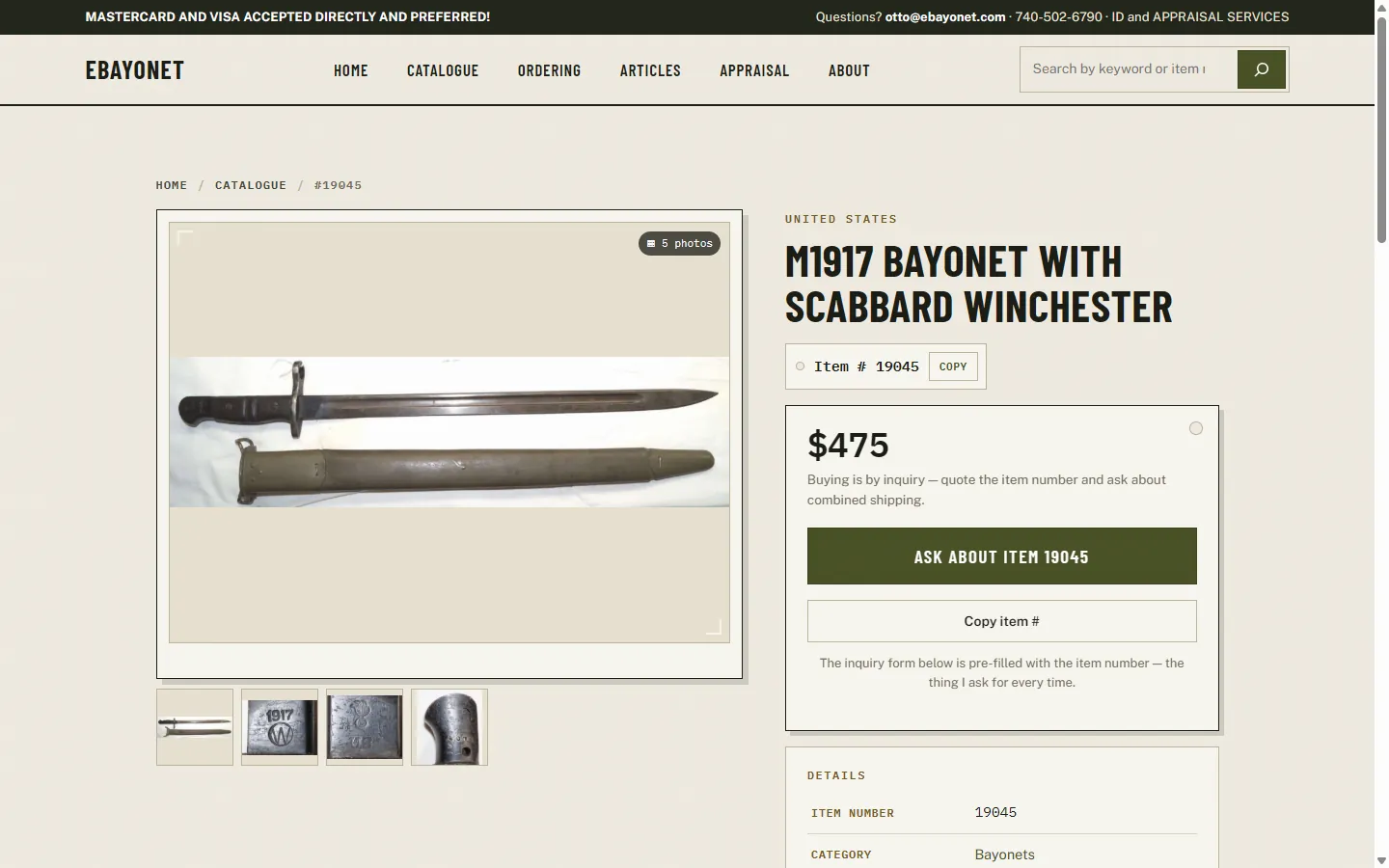 A new item page: M1917 bayonet with scabbard, item 19045, with a photo gallery, the price and an Ask about item 19045 button