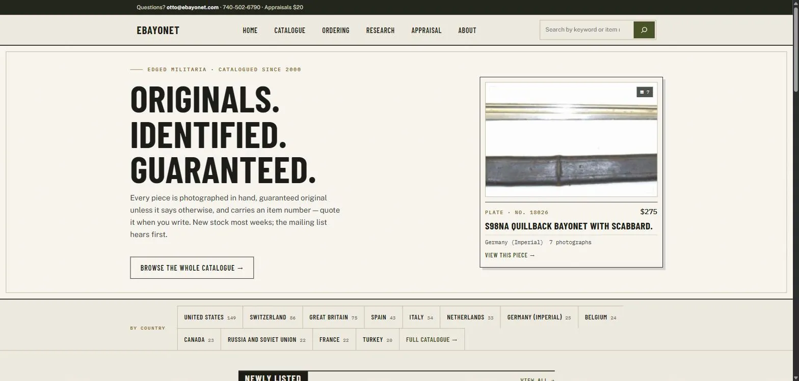 The new EBAYONET homepage: a catalogue-first layout with search, a featured piece and country shortcuts
