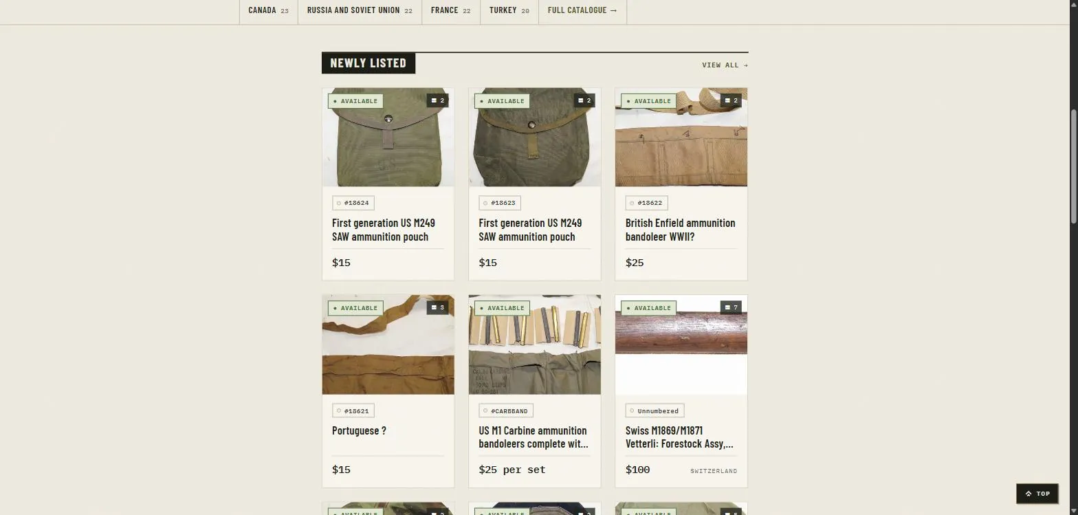 Newly listed items on the homepage, each card showing availability, photo count, item number and price