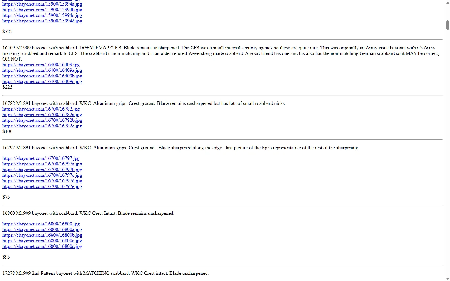The old catalogue page: item descriptions, each followed by a list of raw photo links and a price