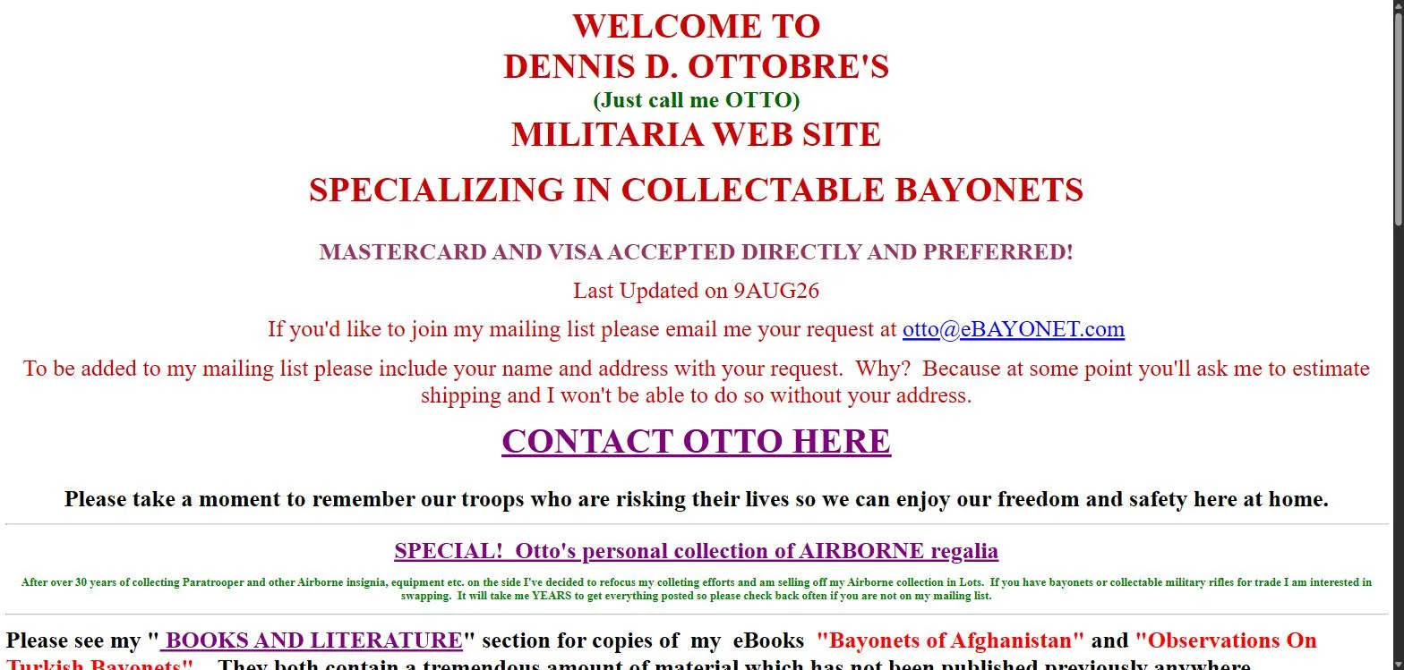 The old ebayonet.com homepage: centered red and purple headings on a plain white page
