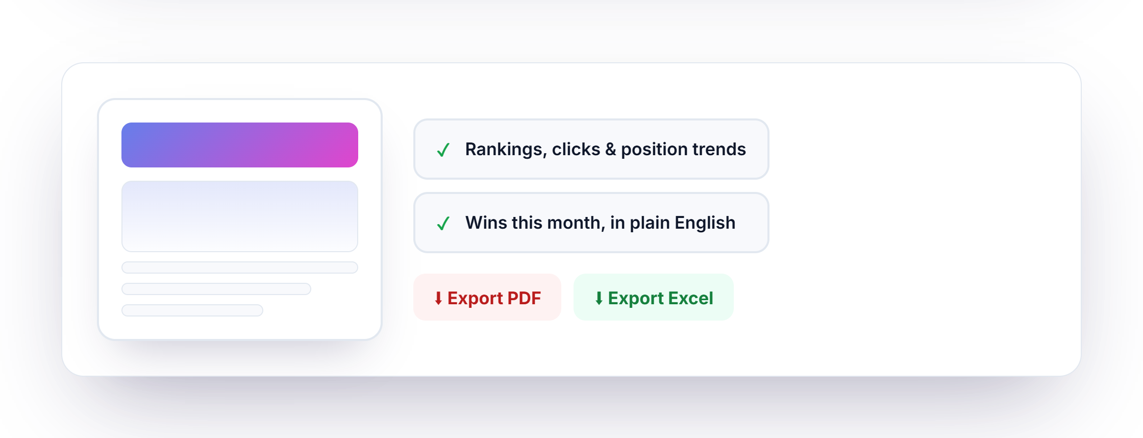 Client reports preview with ranking trends and export options for PDF and Excel