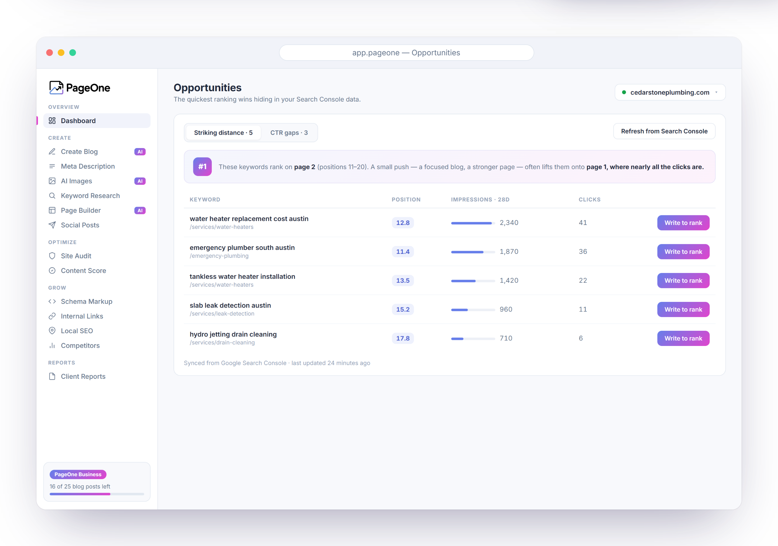 PageOne Opportunities screen listing striking-distance keywords with Write to rank actions